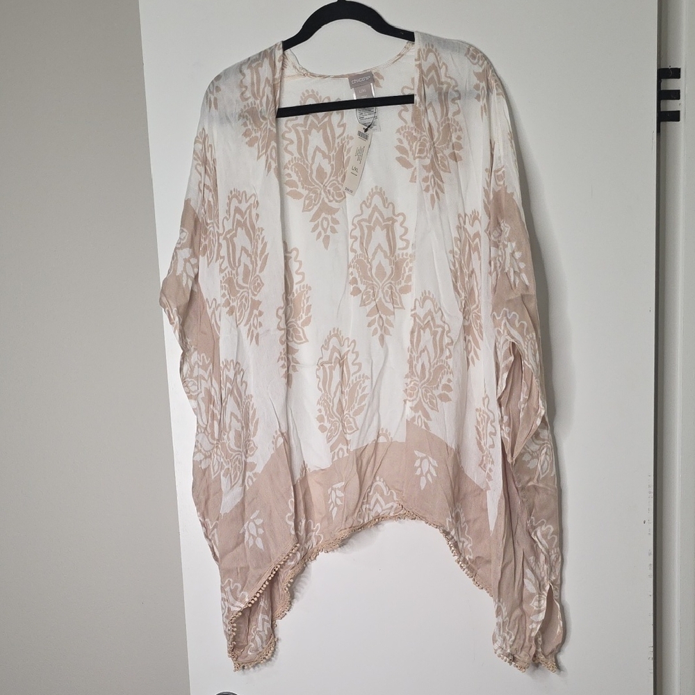 Chico's White and Beige Printed Sheer Kimono Cardigan